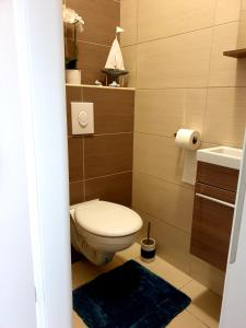 łazienka z toaletą i umywalką w obiekcie Best Panoráma Apartman w Siófoku +37 zdjęć