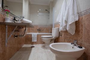 サラマンカにあるEstudio en la calle mas bonita de salamancaのトイレ、洗面台、シャワー付きのバスルーム