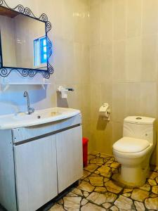 un bagno con un water, un lavandino e uno specchio di Jungle Beach Resort a Sanyang Altre 66 foto