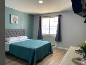 - une chambre avec un lit doté d'une couverture verte et d'une fenêtre dans l'établissement Superlodge, à Dover
