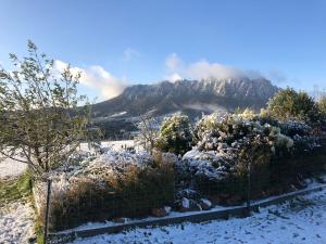 un giardino ricoperto di neve con una montagna sullo sfondo di Manna Hill Farm a West Kentish