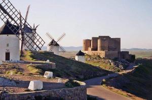 a group of windmills on a hill with a road at Posada de los Cónsules in Consuegra