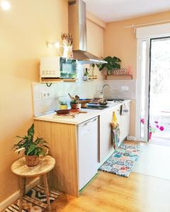 uma pequena cozinha com um fogão e um lavatório em La casa del Duero em Tordesilhas