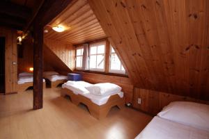 Zimmer im Dachgeschoss mit 2 Betten und einem Fenster in der Unterkunft Hofraithe Park in Rosenthal
