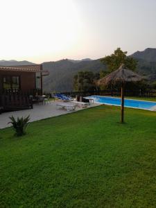 un complejo con piscina y sombrilla en el césped en Casa dos Cortinhais, en Vieira do Minho