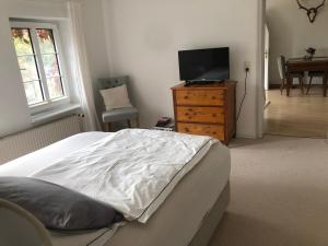 KlenzauにあるFerienwohnung 2 Hof Flühのベッドルーム(ベッド1台、ドレッサー内のテレビ付)