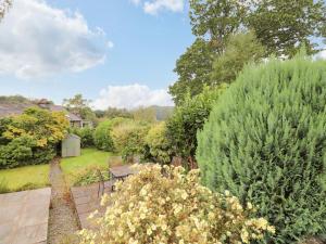 a garden with a picnic table and a bush at Hilber Cottage in Ambleside