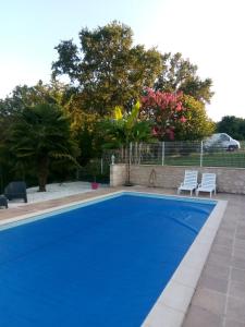 una piscina azul con 2 sillas y árboles en Gîte indépendant de 40 mètres carré pour les amoureux de la nature en Saint-Cyprien