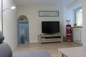 un salon avec une télévision à écran plat sur une table dans l'établissement Le Romarin, à Beaumes-de-Venise
