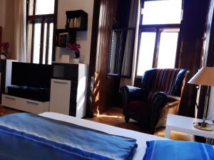 een slaapkamer met een bed, een stoel en een televisie bij Apartment Laudon in Wenen