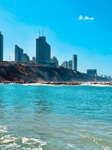 a view of a beach with a city in the background at C Tower Apartments in Netanya