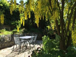 una mesa y sillas bajo un árbol en un jardín en Ruime, gezellige vakantiewoning nabij Winterberg voor 2 tot 6 rustige natuurliefhebbers en Schmallenberg