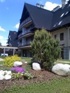un edificio con un pino y rocas en un patio en Apartament VIP, en Zakopane