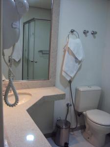 a bathroom with a shower and a toilet and a mirror at Estoril Hotel in Belo Horizonte