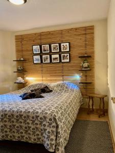 a bedroom with a bed and a wooden head board at Charming Apartment in the heart of Valbonne Village in Valbonne