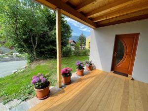 une véranda avec des pots de fleurs et une porte en bois dans l'établissement Apartma 7 - In the heart of Soča Valley, à Tolmin