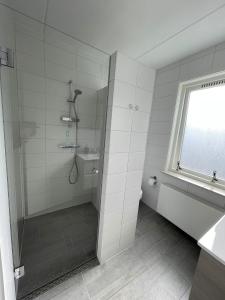 a bathroom with a shower with a glass door at Lise's Place in Vrouwenpolder