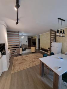 a large living room with a table and chairs at Apartament SUPERB in regim Hotelier- Arad Plaza in Arad