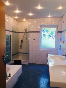 ein Badezimmer mit Badewanne, Waschbecken und Dusche in der Unterkunft Luftkurort, Perle des Neckartals in Hirschhorn