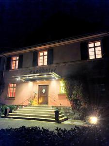 een gebouw met 's nachts een trap ervoor bij Landhotel in Mühltroff