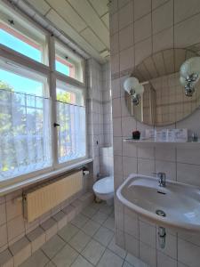 y baño con lavabo y aseo. en Landhotel en Mühltroff