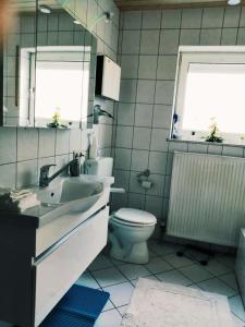 ein Badezimmer mit einem Waschbecken, einem WC und einem Spiegel in der Unterkunft 76 qm Whg im EG Haus-Wohlfühloase vor der Haustür in Gladenbach