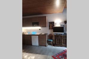 een keuken met houten kasten en een witte koelkast bij Rent flat Cevedale in Santa Caterina Valfurva