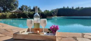 a bottle of wine in a box next to a pool at Villa des Delices in Grimaud