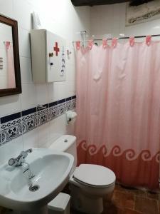 Casa rural Callejón del Palacio في Muñoveros: حمام به مرحاض أبيض ومغسلة