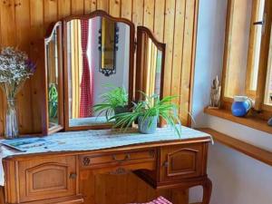 - une commode en bois avec un miroir et des plantes dans l'établissement Pension Leopoldine, à Hallstatt