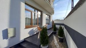 a balcony of a building with potted plants and a window at Casa BID in Piteşti