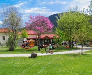 a person riding a bike next to a house with a horse at Ninemia Stay and Play in Karpenisi