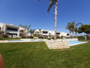 a yard with a palm tree and a house at Prachtig penthouse appartement op Lo Romero golf in Pilar de la Horadada