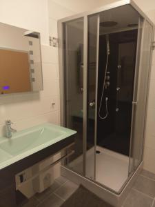 a bathroom with a glass shower and a sink at Fewo Kaplanei in Quedlinburg