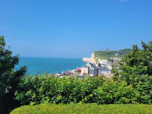 a group of houses on a hill next to the ocean at Dormy House in Étretat