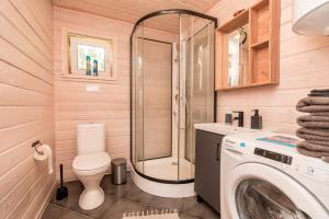 a bathroom with a toilet and a washer and dryer at Дом LBerry Брусника у Ладоги in Sortavala