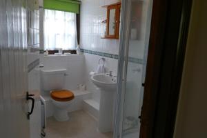 a white bathroom with a toilet and a sink at Comfortable and a spacious retreat for two in Iden