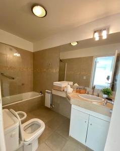 a bathroom with a toilet and a tub and a sink at Quinta Luna in San Carlos de Bariloche
