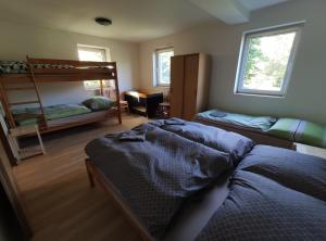 1 Schlafzimmer mit 2 Etagenbetten und einem Schreibtisch in der Unterkunft Apartmán Hulín, Chrášťany - bílý in Hulín