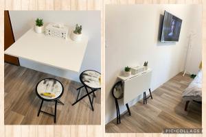 duas fotografias de uma mesa de jantar e uma mesa e cadeiras brancas em Private apartment - Park Olomouc - super lokalita em Olomouc
