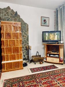 a living room with a tv and a stone fireplace at apartament Durau in Durau