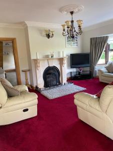 sala de estar con 2 sofás y chimenea en Gallagh Guest House self catering h18r252 Eircode, en Monaghan