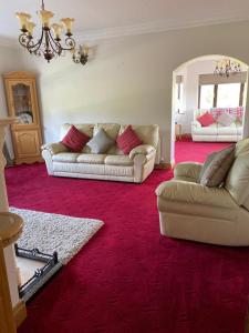 a living room with two couches and a red carpet at Gallagh Guest House self catering h18r252 Eircode in Monaghan
