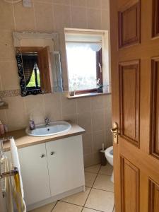 La salle de bains est pourvue d'un lavabo, d'un miroir et de toilettes. dans l'établissement Gallagh Guest House self catering h18r252 Eircode, à Monaghan