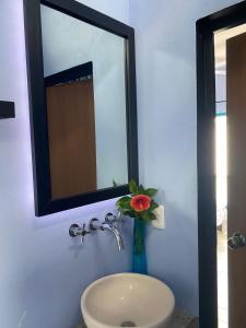 a bathroom with a vase with a flower in a mirror at Apartamento 1 in Sayulita +10 photos