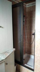 a shower with a glass door in a bathroom at Appartement 3 chambres proche mer entre Palavas les Flots et Frontignan plage dans maison avec jardin in Villeneuve-lès-Maguelonne