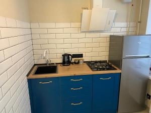 kuchnia z niebieskimi szafkami, zlewem i lodówką w obiekcie Апартаменты в самом центре города w mieście Czernihów