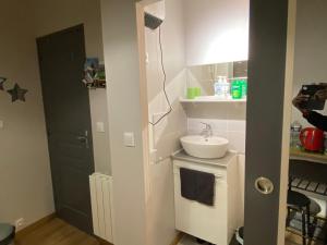een kleine badkamer met een wastafel en een spiegel bij Sympathique logement en rez-de-chaussé, de 21m 2 in Beauvais