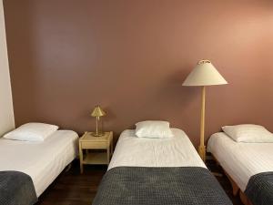 Duas camas individuais num quarto com um candeeiro. em hotelli ravintola kurenkoski em Pudasjärvi