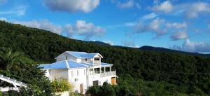 a white building with a blue roof on a mountain at Côté Caraïbes in Bouillante